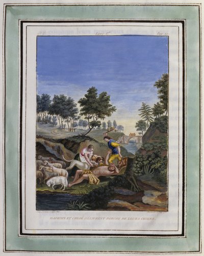 Daphnis e Chloe libertam Dorcon dos seus cães. Desenho de Philippe d