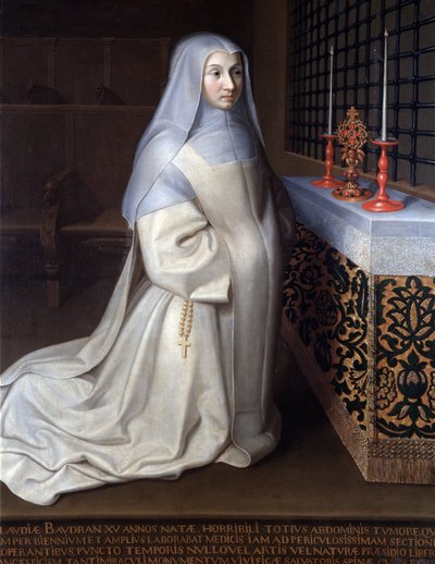 Retrato de Claudia (Claude) Baudran, reclusa do convento de Port Royal des Champs (Port-Royal-des-Champs) pintura atribuída a Philippe de Champaigne, igreja de Linas, Sena e Oise - Óleo sobre tela de Philippe de (attr. to) Champaigne