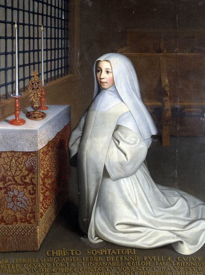Retrato de Marguerite Périer, reclusa do convento de Port Royal des Champs (Port-Royal-des-Champs) e sobrinha de Pascal ("A Cristo Salvador": Marguerite Périer, uma menina de 10 anos cujo olho esquerdo foi curado em contacto com o espinho revigorante") - O de Philippe de (attr. to) Champaigne