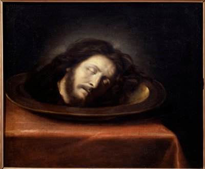 Chefe de Saint Jean Baptiste colocado sobre uma pintura plana da escola de Philippe de Champaigne (1602-1674) do século XVII. Magny les Hameaux, Musee de Port Royal des Champs - Cabeça de São João Baptista colocada sobre uma travessa. Pintura pela escola d de Philippe de (school of) Champaigne
