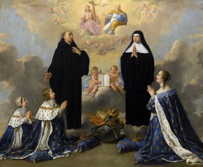 Anna da Áustria com seus filhos, orando à Santíssima Trindade com Santos Bento e Escolástica de Philippe de Champaigne