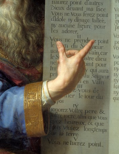 Moisés e as tabelas da Lei, detalhe da mão de Moisés mostrando os dez mandamentos. Pintura de Philippe De Champaigne (1602-1674) Ec. Flam. de Philippe de Champaigne