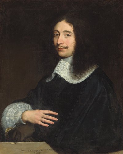 Retrato de um cavalheiro, tradicionalmente identificado como Noël de Bullion, de comprimento médio, de preto com gola e manga de renda, as luvas na mão esquerda, 1656 de Philippe de Champaigne
