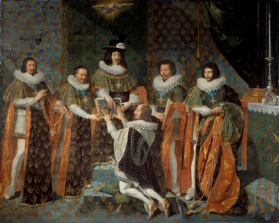 Recepção por Luís XIII (1601-1643) de Henrique II de Orleans, Duque de Longueville e Estouville, Príncipe Soberano de Neufchatel (1595-1663) Cavaleiro da Ordem do Espírito Santo 15/05/1633 Luís XIII é cercado por Claude Bartillier, Grande Tesoureiro de t de Philippe de Champaigne