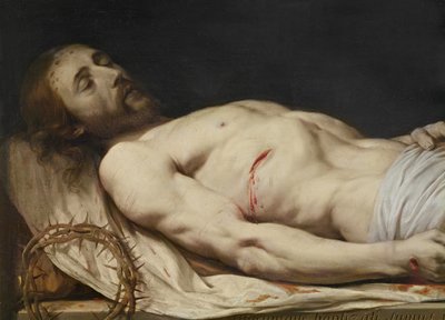 O Cristo Morto depositou em seu Sudário detalhe do meio ao tronco, antes de 1654 óleo sobre madeira de Philippe de Champaigne