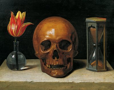 Vanitas Still Life com uma Tulip, Skull e Hour-Glass (óleo sobre painel) de Philippe de Champaigne