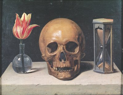 Vanitas Still Life com uma Tulip, Skull e Hour-Glass (óleo sobre painel) de Philippe de Champaigne