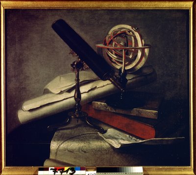 Instrumentos astronômicos. (Utensílios astronômicos). Natureza morta com telescópio astronômico (telescópio), globo celeste e mapa do céu. Pintura de Philippe de La Hyre (1640-1718). Arte francesa, estilo barroco. Óleo sobre tela. Museu Tsarskoye Selo, Sai de Philippe de la Hire