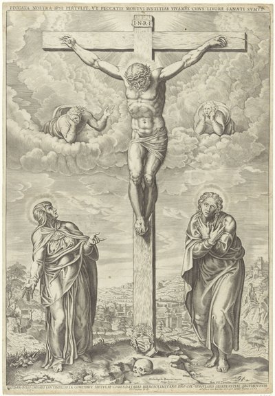 Cristo na cruz flanqueado por Maria e João numa paisagem de Philippe de Soye