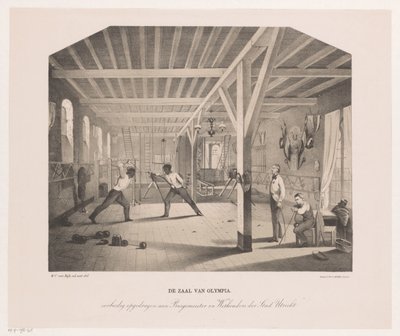 Vista no salão de esgrima e ginástica da empresa estudantil Olympia The Hall of Olympia (título no objeto) de Philippus Anthonius Alexander Kanne