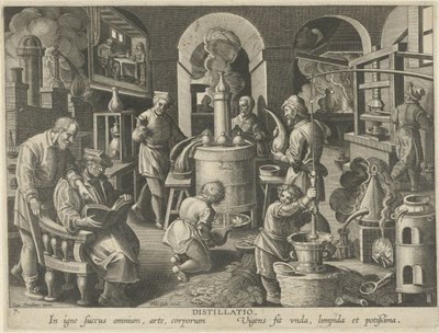 Destilação Destilação (título no objeto) Novas invenções e descobertas (título da série) Nova Reperta (título da série) de Philips Galle (attributed to workshop of)