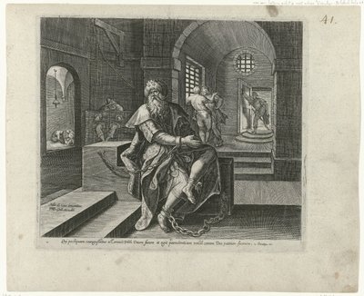 Koning Manasse na prisão Boetedoening en berouw in het Oude Testament en het Nieuwe Testament (título da série) Uma espécie de indulgência e misericórdia divinas, para com aqueles que se arrependem de suas transgressões de todo o coração e se voltam para D de Philips Galle (attributed to workshop of)