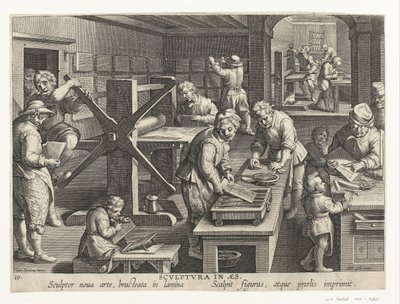 Produção de gravuras em cobre Scvlptvra em aes (título no objeto) Novas invenções e descobertas (título da série) Nova Reperta (título da série) de Philips Galle (attributed to workshop of)