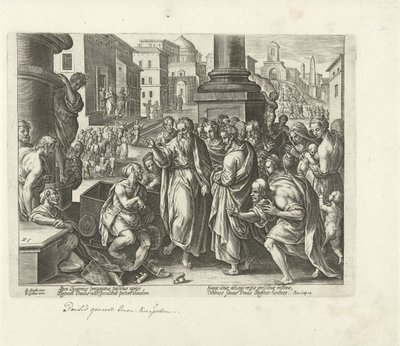 Paulo cura um aleijado em Listra Atos dos Apóstolos (título da série) Acta Apostolorum (título da série) de Philips Galle (possibly)