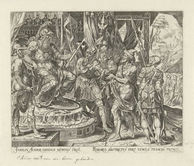 Achior para Holofernes História de Judit e Holofernes (título da série) de Philips Galle