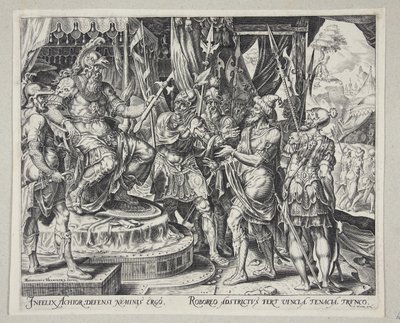 Achior suplicando a Holofernes pelos israelitas de Philips Galle