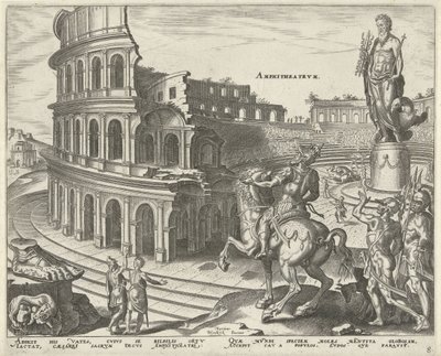 Coliseu em Roma
Amphitheatrvm (título sobre o objecto)
As oito maravilhas do mundo. (título da série) de Philips Galle
