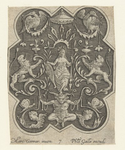 Mulher de capacete com escudo e lança Decorações de superfície com grotescos em um fundo sombreado (título da série) de Philips Galle