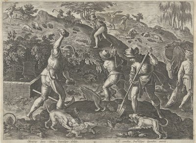 Jacht op dassen Jachttaferelen (título da série) Em que todo tipo de caça, caça e pesca (título da série) de Philips Galle