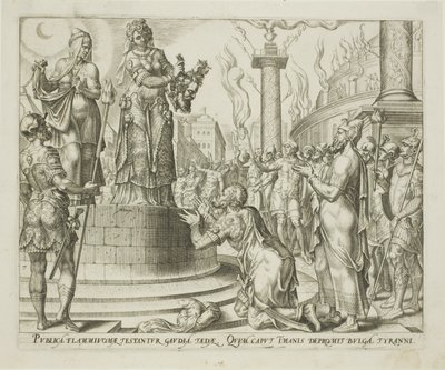 Judite mostrando a cabeça de Holofernes ao povo de Betúlia, placa sete de A história de Judite e Holofernes de Philips Galle