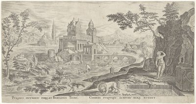 Paisagem com o suicídio de Thisbe de Philips Galle