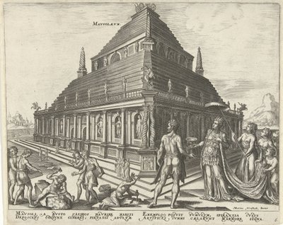 Mausoléu de Halicarnassus
Mavsolaevm (título sobre o objecto)
As oito maravilhas do mundo (título da série) de Philips Galle