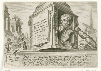 Retrato de Maarten van Heemskerck no pedestal de uma coluna
Os dias da desgraça do povo judeu (título da série) de Philips Galle
