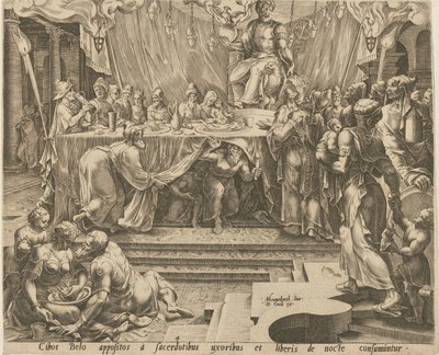 Os sacerdotes de Bel comem e bebem no templo [página 4] e Daniel alimenta o dragão [página 7], páginas 4 e 7 da série «A história de Daniel, Bel e o dragão» de Philips Galle