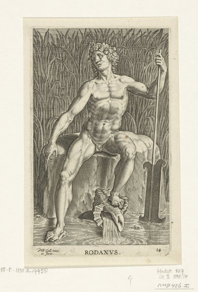 Riviergod Rhone Rodanvs (título no objeto) Rivier- en zeegoden (título da série) Retratos elegantes dos semideuses marinhos e das focas Amnicus (título da série) de Philips Galle