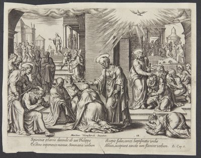 São Pedro, São João e São Filipe impondo as mãos sobre os batizados em Samaria de Philips Galle