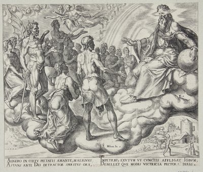 Os filhos de Deus, Satanás, entre eles, apresentam-se perante o Senhor de Philips Galle