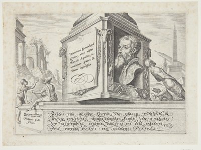 Título, ao centro o retrato de Heemskerck de Philips Galle