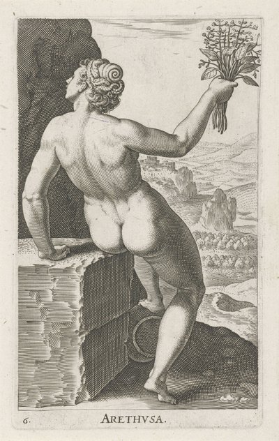A ninfa da água Arethusa Arthvsa (título no objeto) Stroom en waternimfen (título da série) Ninfas Oceanitid, ephidrid potamidus naiad (título da série) de Philips Galle