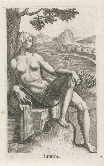 Waternimf Lerna Lerna (título no objeto) Stroom- a waternymph (título da série) Nympharum oceanitidum, Ephydridum potamidum naiadum (título da série) de Philips Galle
