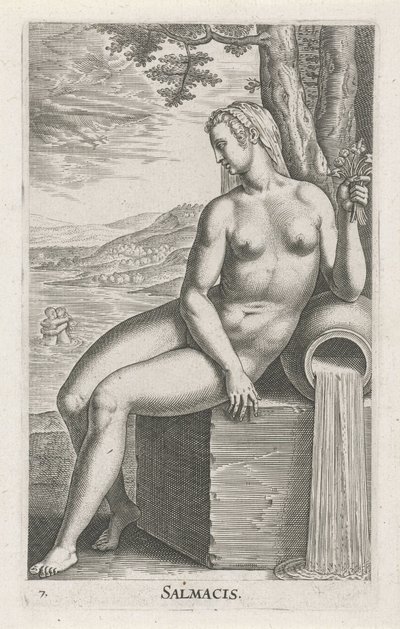 Ninfa da água Salmacis Salmacis (título no objeto) Stroom en waternimfen (título da série) Ninfas Oceanitid, ephidrid potamidus naiads (título da série) de Philips Galle