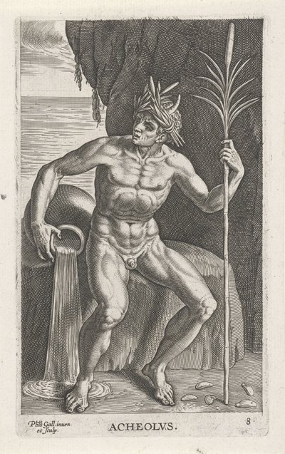O deus do mar Achelous
Acheolvs (título sobre o objecto)
Deuses do rio e do mar (título da série)
Semideorum Marinorum amnicorumque sigillariae imagines perelegantes (título da série) de Philips Galle
