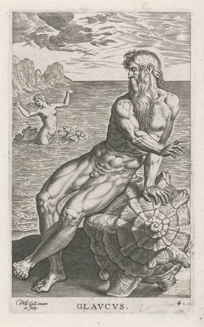 Deus do mar Glaucus
Glavcvs (título sobre o objecto)
Deuses do rio e do mar (título da série)
Semideorum Marinorum amnicorumque sigillariae imagines perelegantes (título da série) de Philips Galle