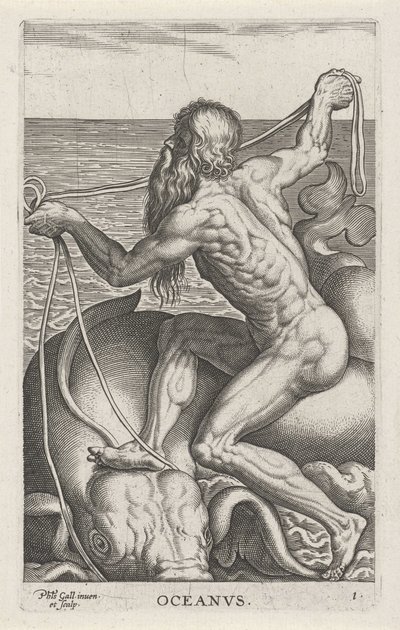 Deus do mar Oceanus
Oceanvs (título sobre o objecto)
Deuses do rio e do mar (título da série)
Semideorum Marinorum amnicorumque sigillariae imagines perelegantes (título da série) de Philips Galle