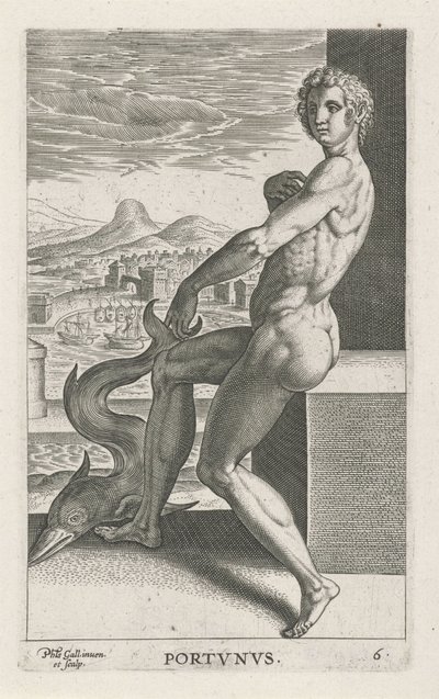 Deus do mar Portunus
Portvnvs (título sobre o objecto)
Deuses do rio e do mar (título da série)
Semideorum Marinorum amnicorumque sigillariae imagines perelegantes (título da série) de Philips Galle
