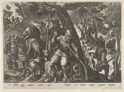 Caça ao javali com armas
Cenas de caça (título da série)
Em quibus omne genus venationis, aucupij, piscatusque (título da série) de Philips Galle
