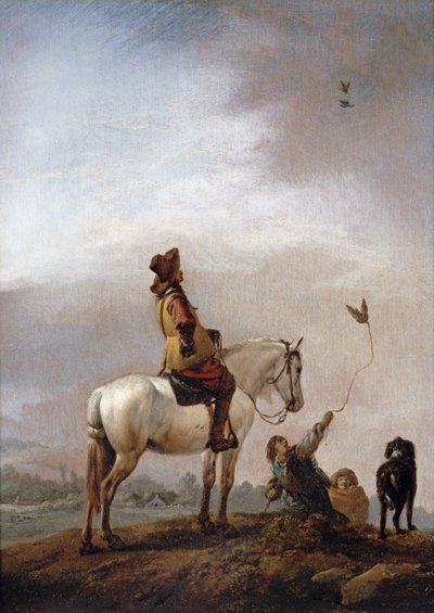 Cavalheiro em um cavalo assistindo um falcoeiro de Philips Wouwerman