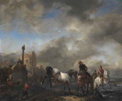 Horsepond perto de uma pedra de fronteira de Philips Wouwerman