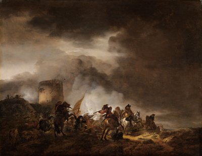 Combate entre cavaleiros e infantaria perante uma fortificação de Philips Wouwerman