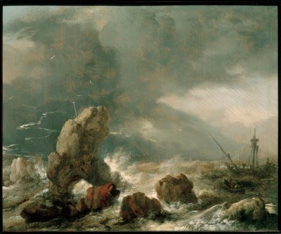 Mar tempestuoso com três navios em perigo de Philips Wouwerman
