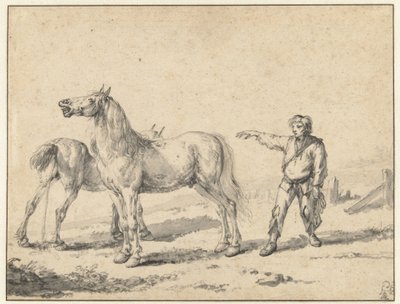 Dois Cavalos, Um a Urinar e o Outro a Chorar, e um Homem de Pé com o Braço Direito Levantado de Philips Wouwerman