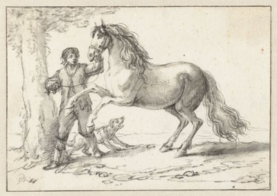 Jovem a segurar um cavalo de guarda pela sua cabeçada, assustado por um cão a ladrar de Philips Wouwerman