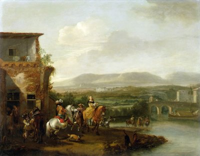 Uma Elegante Festa Hípica fora de uma Quinta junto a um rio (óleo sobre tela) de Philips Wouwermans or Wouvermans