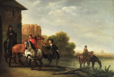 Cavaleiros regando seus cavalos de Philips Wouwermans or Wouvermans