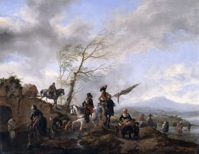 Uma extensa paisagem fluvial com soldados e um portador comum regando seus cavalos, de Philips Wouwerman
