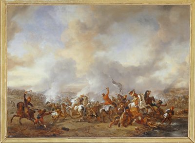 Uma grande batalha de cavaleiros e soldados de infantaria ... de Philips Wouwermans or Wouwerman